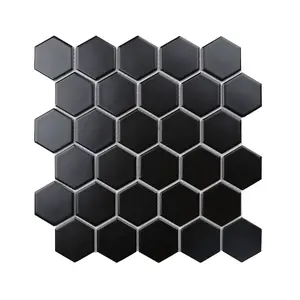 Mosaico de cerámica hexagonal barato y de alta calidad, mosaico de porcelana negra mate y brillante para decoración de pared, azulejos de mosaico esmaltados