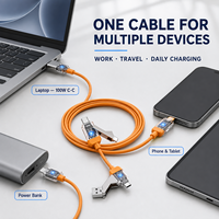Kabel Pengisian Daya Cepat 100W PD 4 in 1 Multifungsi dengan Lampu LED, Kabel Silikon TPE Berlapis Tembaga untuk Ponsel, Laptop, dan Perjalanan