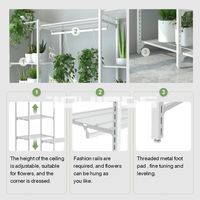 Étagère de présentation pour plantes d'intérieur et fleurs en pot avec étagères métalliques réglables, barre de suspension et pieds réglables pour rangement de balcon et jardin
