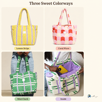 Sac fourre-tout en tissu éponge à carreaux pour femme, sac à main rayé rose, vert et crème avec poches et fermeture à bouton-pression, sac à main