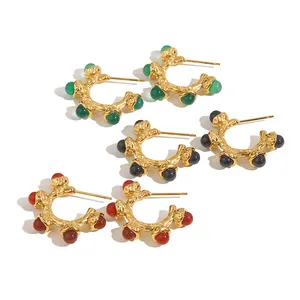 Elegant Colorful Jade Natural Stone CC Earring Hammered 18K Gold Plated Stainless Steel Hoop Earrings