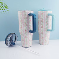 3D bunga baja tahan karat vakum terisolasi 40 OZ Tumbler dengan pegangan dinding ganda cangkir kopi 40 oz sederhana Flip sedotan Mug termal
