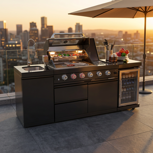 46 pulgadas Isla de Cocina Exterior de Acero Inoxidable con Parrilla para Asar, 4 Quemadores, 72,000 BTU, Refrigerador para Vino, Asador Giratorio, en Color Negro - Product Image 2