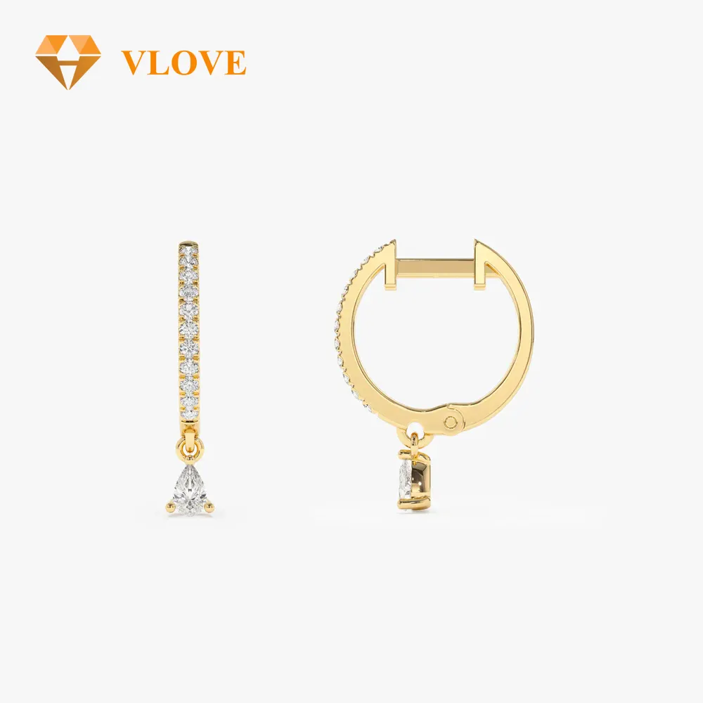VLOVE Fashion Jewelry Women Diamond Jewelry 14k Diamond Huggies with a Dangling Pear Shape Diamond