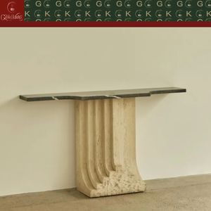 <span class=keywords><strong>Table</strong></span> <span class=keywords><strong>console</strong></span> moderne en travertin GOLDKING avec plateau en marbre foncé et base en pierre beige, meuble d'entrée, design personnalisé, directement de l'usine - Product Image 3