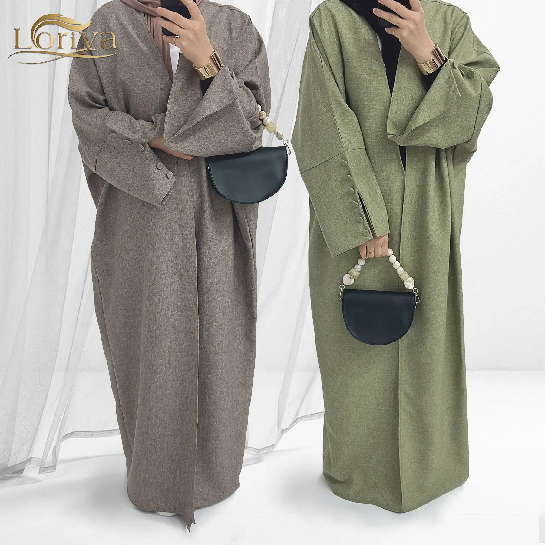 2024 Loriya EID Ramadan Linen Kimono Abaya with Buttons and Slit Sleeves Solid Color Islamic Clothing Women Abaya