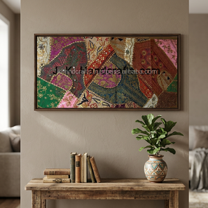 Belle Perlée Fil Travail Patchwork Brodé Décoratif Inde Coton Tapisserie - Product Image 3