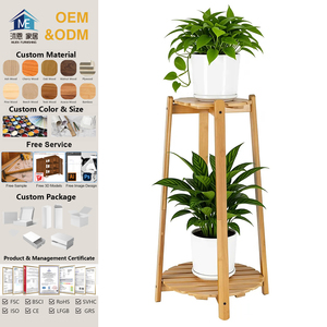 Soportes de plantas de esquina de Interior de bambú de 2 niveles, soporte de maceta de madera para estante de almacenamiento para sala de estar y Pedestal - Product Image 1