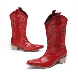 <span class=keywords><strong>Botas</strong></span> Vaqueras Country Western NA651 para Mujer, Zapatos de Cuero Talla Grande 45, <span class=keywords><strong>Botas</strong></span> Bordadas Rojas a Media Pantorrilla - Product Image 2