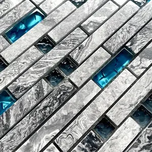 Kewent luxuriöser grauer Marmor und blauer Marmor gemischte Glas-Mosaikfliese für Wand
