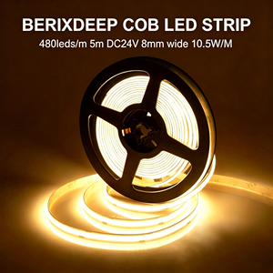 Bande <span class=keywords><strong>LED</strong></span> COB BERIXDEEP 480 <span class=keywords><strong>LED</strong></span>/m 24V 8mm <span class=keywords><strong>de</strong></span> large 5m CRI 92+ Sans points IP20 Dimmable Blanc Chaud pour Armoire Miroir Étagère <span class=keywords><strong>Plan</strong></span> <span class=keywords><strong>de</strong></span> <span class=keywords><strong>Travail</strong></span> Meuble - Product Image 1