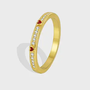Simple Fashion Gold Plated Copper Brass Micro Paved CZ Zircon Enamel Red Heart Finger Rings for Women Girls