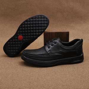 Men's Genuine Leather Dress Shoes Round <b>Toe</b> Lace-up Breathable Rubber Outsole Office Career Autumn Solid Black - Product Image 2
