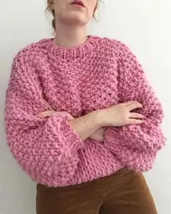 Sweter wol rajut tangan wanita murni desain untuk wanita sweter buatan tangan bungkus sweter solid hangat lucu