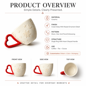 Tazza da Caffè in Ceramica con Manico a Cuore, Decorata con Stelle e Luna, Regalo Romantico, Bianco Crema, Logo Personalizzato, Articoli per Bevande all'Ingrosso per San Valentino - Product Image 4