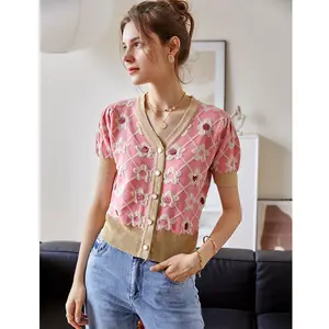 2024 Women's Summer Slim Sequin Thin Ice Silk Top Custom LOGO OEM ODM Casual Embroidered Knitted Cardigan Jacket Ruffles