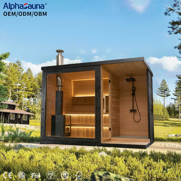 Modern Design Indoor-Outdoor Wooden Dry Sauna Shower Combo
