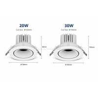 Spot LED encastré réglable 20W 30W anti-éblouissement Ra90 IP20 pour plafond, idéal pour les commerces et les boutiques