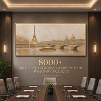 Peinture à l'huile panoramique de luxe, peinte à la main, or, Tour Eiffel de Paris, paysage épais à l'impasto, art mural personnalisé pour suite d'hôtel et chambre à coucher