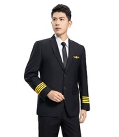 Costume d'uniforme de pilote d'avion pour homme Noir/Bleu Bandes dorées Manches longues Polyester + Viscose