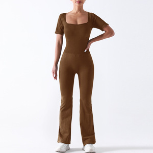 2024 cuello cuadrado <span class=keywords><strong>trompeta</strong></span> pantalones mono conjuntos de yoga sin costuras para mujeres mallas de pierna ancha ropa de gimnasio entrenamiento Fitness ropa deportiva - Product Image 4