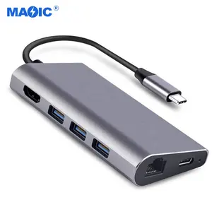 Magelei USB3.1 Tipo C HUBs Multi 8 en 1 a HDMI 3 USB3.0 RJ45 100Mbps Gigabit Ethernet PD 100W SD TF Tarjeta de lectura Adaptador de concentrador USB