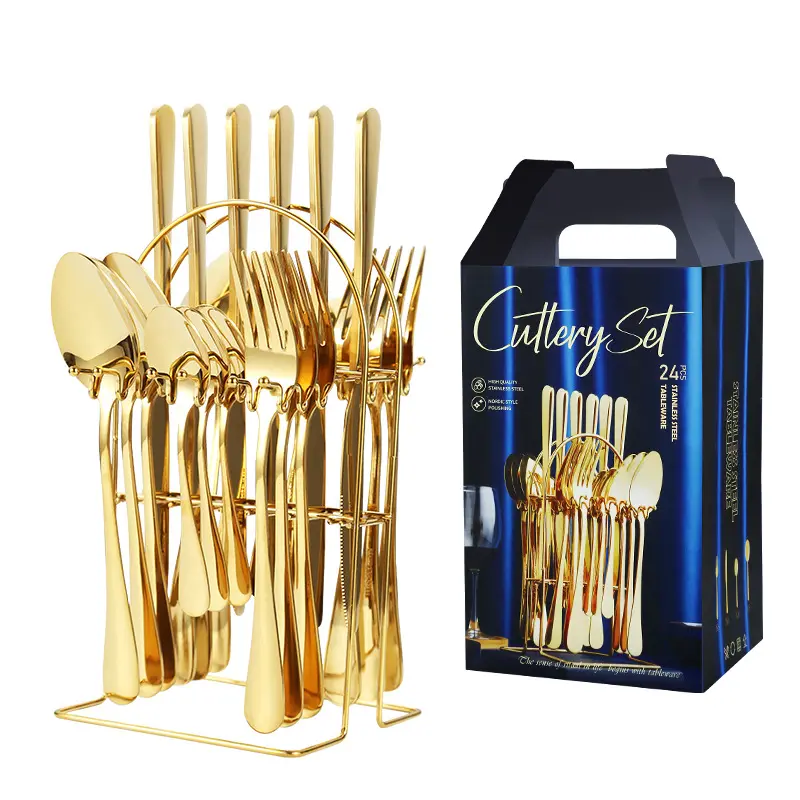 24 Stück meist verkaufte Luxus Besteck Messer Gabel Löffel Set Edelstahl Gold Besteck Set mit Ständer