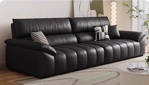 Juego de sofá de cuero crema minimalista italiano, piel de vaca de primera capa con modelo de red roja para hotel pequeño, sala de estar, apartamento - Product Image 4