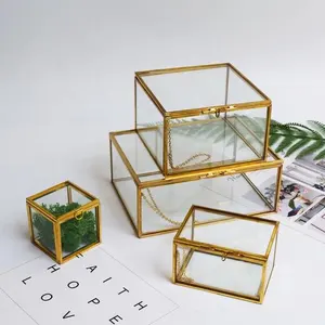 Luxury Handmade Jewellery Box Gold Copper Metal Triangle Geometric Design with Lidded Glass Storage for Home Decor