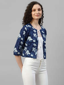 DEEBACO Bolero de Algodón Índigo Floral para Mujer, con Lazos, Abierto por Delante, Manga Corta, Ajuste Relajado, Estilo Western, de Una Pieza, Casual - Product Image 3
