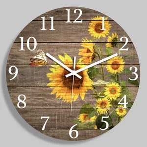Wood clock 12 inch sunflower pattern large farmyard wood wall clock decorative battery operation does not tick round