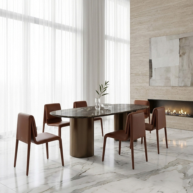 Custom Size Natural Marble Top Dining Table Set with 6 Seater for Modern Luxury Restaurant