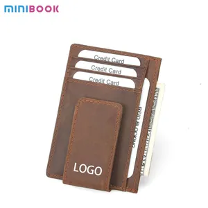 Custom Logo Vintage Cow Genuine Leather Slim Front Pocket RFID Blocking Card Holder Wallet Men Strong Magnet Leather Money Clip