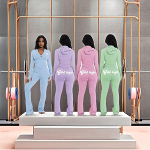 2024 Herfst Fabrikant Custom Dames Sportkleding Pak Rits Hoodie Wijd Uitlopende Broek Legging Skinny Solide Breien 2-delige - Product Image 2