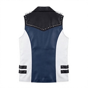 Women’s Custom <b>Leather</b> Motorcycle <b>Vest</b> – Blue & White Cowhide <b>Biker</b> <b>Vest</b> with Spikes and Lapel Collar - Product Image 3