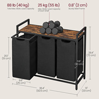 Trieur de linge écologique à 3 compartiments, durable et multi-usages, avec structure en acier et panier en tissu amovible