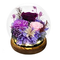 Bunga Awet Buatan Tangan Forever Fresh, Kubah Kaca Bulat Mawar Ungu Abadi 15cm, Hadiah Ulang Tahun Ibu, Pajangan Meja Wanita