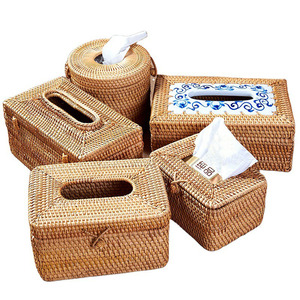 Round square shape handmade luxury napkin paper holder cover rattan weaving tissue box for hotel wedding