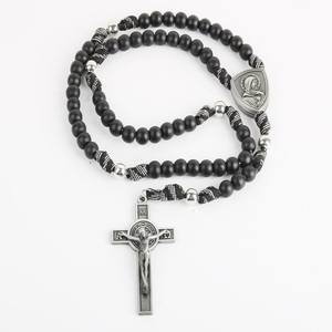 Chapelet Catholique en Bois avec <span class=keywords><strong>Croix</strong></span> de Jésus et Pendentif Saint, Bronze Antique, pour Pâques et Église - Product Image 4