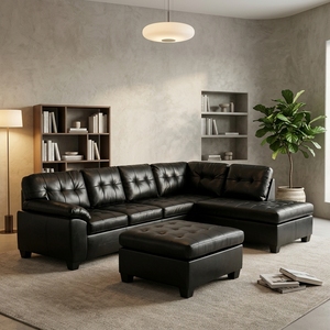 Modern L-Shaped Extendable Convertible Air Leather Sectional <b>Sofa</b> Set with Tufted Design and Storage Ottoman - Product Image 1