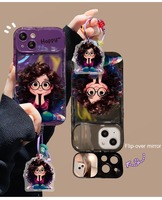 Coque de protection pour téléphone avec miroir et sangle chaîne motif fille aux cheveux bouclés pour iPhone 16 Pro Max 15 14 13 12 11 XS XR