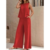 Ensemble décontracté 2 pièces pour femme 2026 : Blouse sans manches et pantalon large taille haute coupe ample couleur unie