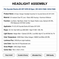 Assemblages de phares automobiles Hyundai, phares halogènes pour Hyundai Elantra 2017 2018 2019 Gauche 92101-F3000 / Droit 92102-F3000