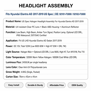 Assemblages <span class=keywords><strong>de</strong></span> phares automobiles Hyundai, phares halogènes pour Hyundai Elantra 2017 2018 <span class=keywords><strong>2019</strong></span> Gauche 92101-F3000 / Droit 92102-F3000 - Product Image 4