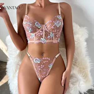 Celana dalam wanita motif bunga, setelan Lingerie boneka Push Up, pakaian dalam Mesh bordir Motif bunga dengan kawat bawah