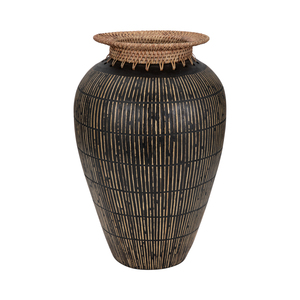 Vaso in ceramica con collo in rattan intrecciato, grande vaso decorativo per soggiorno, camera da letto, ufficio, centrotavola - Product Image 4