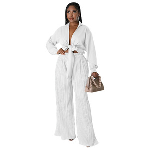 Casual 2‑Piece Women Matching <b>Set</b>, Lapel <b>Tie</b> Knot Blouse High Waist Pleated Wide Leg Pants, Vacation Party Outfit - Product Image 6