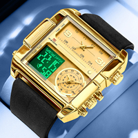 VA VA VOOM Jam Tangan Elektronik Fashion Bisnis Tali Kulit Tahan Air Jam Tangan Pria Tahan Air Tampilan Ganda Jam Digital