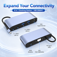 Base de Conexión USB-C 8 en 1 con 4K+60Hz +1080P VGA, Gigabit Ethernet, 100W PD, 4xUSB3.0 5Gbps, Carcasa de Aluminio, en Stock