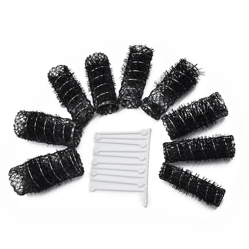 Rodillos de pelo autoadhesivos de plástico para peluquería profesional, rizador de cabello negro con flequillo